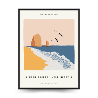 Yaz temalı düzenlenebilir vektör posteri: plaj, deniz, güneş, dalgalar, şemsiyeler. Asgari stil, kişiselleştirmesi kolay, baskı, dekor ve sosyal medya için ideal.