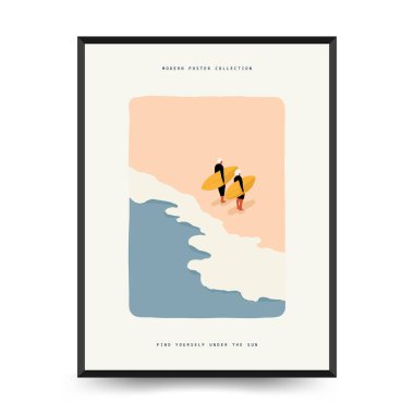 Yaz temalı düzenlenebilir vektör posteri: plaj, deniz, güneş, dalgalar, şemsiyeler. Asgari stil, kişiselleştirmesi kolay, baskı, dekor ve sosyal medya için ideal.