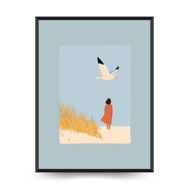 Yaz temalı düzenlenebilir vektör posteri: plaj, deniz, güneş, dalgalar, şemsiyeler. Asgari stil, kişiselleştirmesi kolay, baskı, dekor ve sosyal medya için ideal.