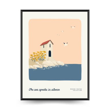 Yaz temalı düzenlenebilir vektör posteri: plaj, deniz, güneş, dalgalar, şemsiyeler. Asgari stil, kişiselleştirmesi kolay, baskı, dekor ve sosyal medya için ideal.