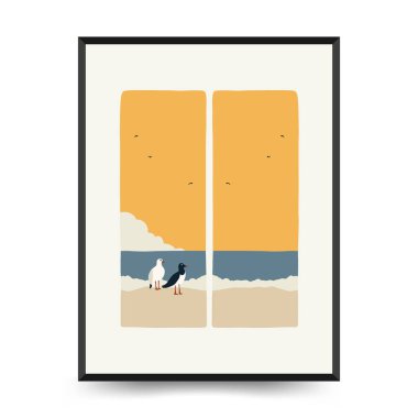 Yaz temalı düzenlenebilir vektör posteri: plaj, deniz, güneş, dalgalar, şemsiyeler. Asgari stil, kişiselleştirmesi kolay, baskı, dekor ve sosyal medya için ideal.