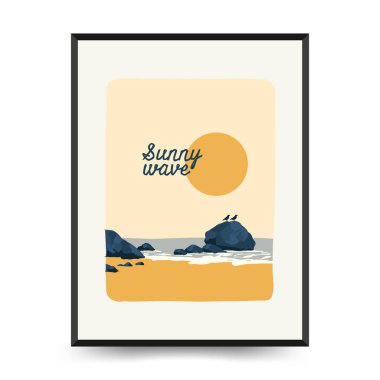 Yaz temalı düzenlenebilir vektör posteri: plaj, deniz, güneş, dalgalar, şemsiyeler. Asgari stil, kişiselleştirmesi kolay, baskı, dekor ve sosyal medya için ideal.