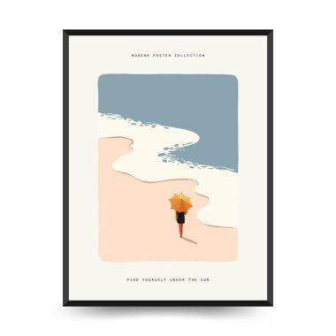 Yaz temalı düzenlenebilir vektör posteri: plaj, deniz, güneş, dalgalar, şemsiyeler. Asgari stil, kişiselleştirmesi kolay, baskı, dekor ve sosyal medya için ideal.