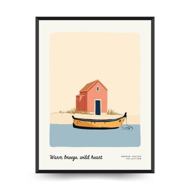 Yaz temalı düzenlenebilir vektör posteri: plaj, deniz, güneş, dalgalar, şemsiyeler. Asgari stil, kişiselleştirmesi kolay, baskı, dekor ve sosyal medya için ideal.