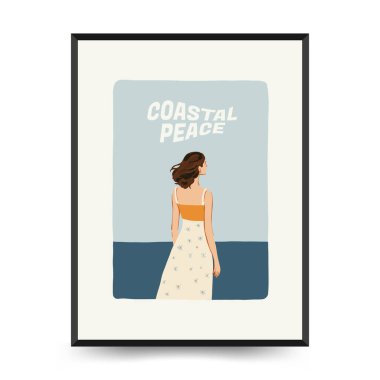 Yaz temalı düzenlenebilir vektör posteri: plaj, deniz, güneş, dalgalar, şemsiyeler. Asgari stil, kişiselleştirmesi kolay, baskı, dekor ve sosyal medya için ideal.