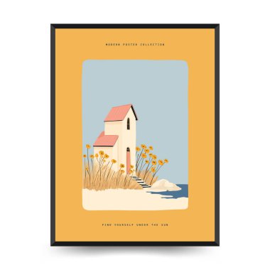 Yaz temalı düzenlenebilir vektör posteri: plaj, deniz, güneş, dalgalar, şemsiyeler. Asgari stil, kişiselleştirmesi kolay, baskı, dekor ve sosyal medya için ideal.