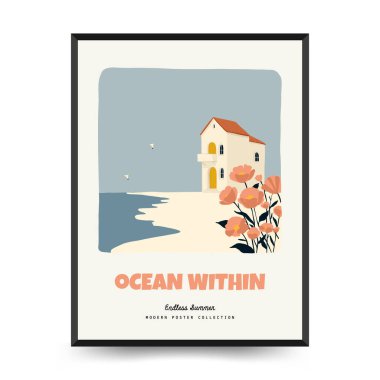 Yaz temalı düzenlenebilir vektör posteri: plaj, deniz, güneş, dalgalar, şemsiyeler. Asgari stil, kişiselleştirmesi kolay, baskı, dekor ve sosyal medya için ideal.