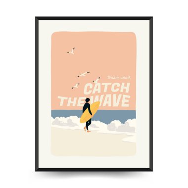 Yaz temalı düzenlenebilir vektör posteri: plaj, deniz, güneş, dalgalar, şemsiyeler. Asgari stil, kişiselleştirmesi kolay, baskı, dekor ve sosyal medya için ideal.