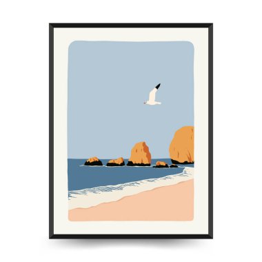 Yaz temalı düzenlenebilir vektör posteri: plaj, deniz, güneş, dalgalar, şemsiyeler. Asgari stil, kişiselleştirmesi kolay, baskı, dekor ve sosyal medya için ideal.