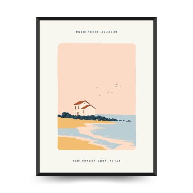 Yaz temalı düzenlenebilir vektör posteri: plaj, deniz, güneş, dalgalar, şemsiyeler. Asgari stil, kişiselleştirmesi kolay, baskı, dekor ve sosyal medya için ideal.