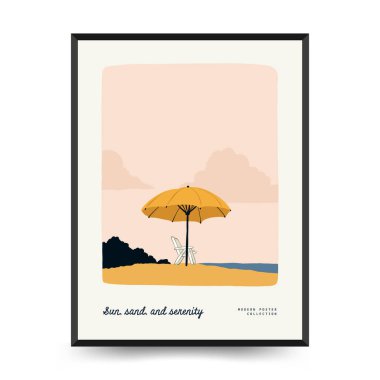 Yaz temalı düzenlenebilir vektör posteri: plaj, deniz, güneş, dalgalar, şemsiyeler. Asgari stil, kişiselleştirmesi kolay, baskı, dekor ve sosyal medya için ideal.