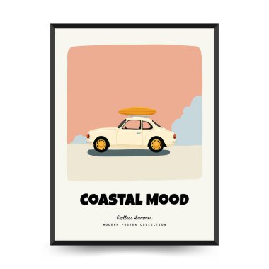 Yaz temalı düzenlenebilir vektör posteri: plaj, deniz, güneş, dalgalar, şemsiyeler. Asgari stil, kişiselleştirmesi kolay, baskı, dekor ve sosyal medya için ideal.