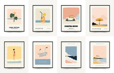 Deniz temalı minimalist vektör posteri. Yaz dekorasyonu, baskısı ve tasarım projesi için mükemmel.