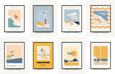 Deniz temalı minimalist vektör posteri. Yaz dekorasyonu, baskısı ve tasarım projesi için mükemmel.