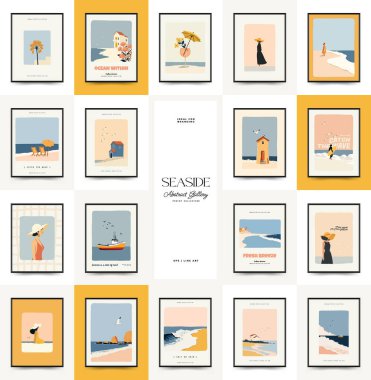 Deniz temalı minimalist vektör posteri. Yaz dekorasyonu, baskısı ve tasarım projesi için mükemmel.