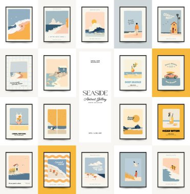 Deniz temalı minimalist vektör posteri. Yaz dekorasyonu, baskısı ve tasarım projesi için mükemmel.