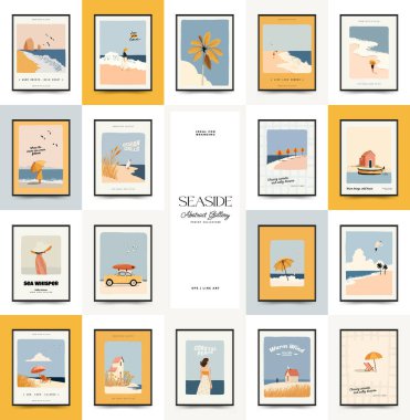 Deniz temalı minimalist vektör posteri. Yaz dekorasyonu, baskısı ve tasarım projesi için mükemmel.