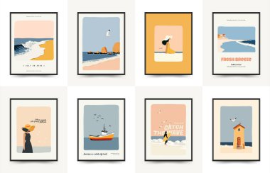 Deniz temalı minimalist vektör posteri. Yaz dekorasyonu, baskısı ve tasarım projesi için mükemmel.