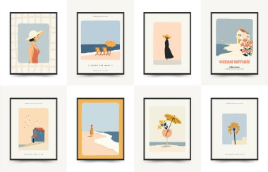 Deniz temalı minimalist vektör posteri. Yaz dekorasyonu, baskısı ve tasarım projesi için mükemmel.