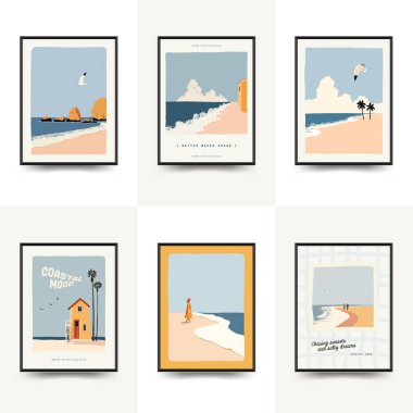 Deniz temalı minimalist vektör posteri. Yaz dekorasyonu, baskısı ve tasarım projesi için mükemmel.