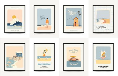 Deniz temalı minimalist vektör posteri. Yaz dekorasyonu, baskısı ve tasarım projesi için mükemmel.