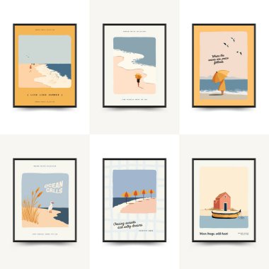 Deniz temalı minimalist vektör posteri. Yaz dekorasyonu, baskısı ve tasarım projesi için mükemmel.