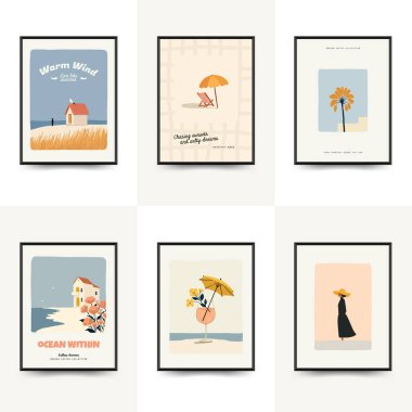 Deniz temalı minimalist vektör posteri. Yaz dekorasyonu, baskısı ve tasarım projesi için mükemmel.