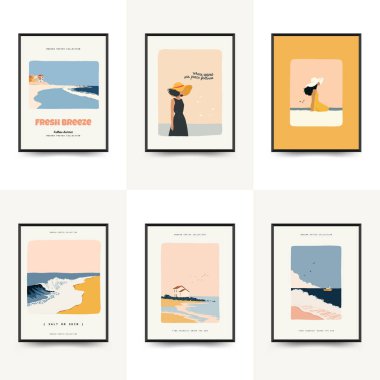 Deniz temalı minimalist vektör posteri. Yaz dekorasyonu, baskısı ve tasarım projesi için mükemmel.