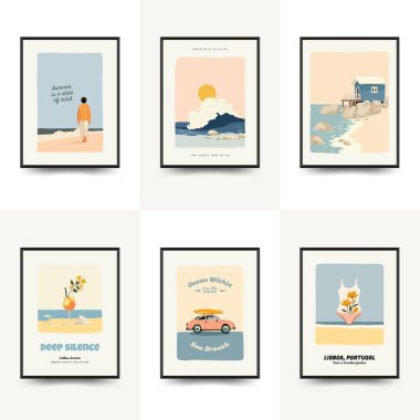 Deniz temalı minimalist vektör posteri. Yaz dekorasyonu, baskısı ve tasarım projesi için mükemmel.