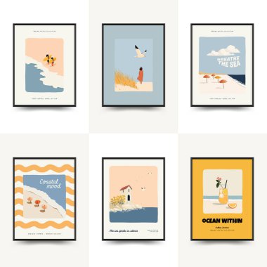 Deniz temalı minimalist vektör posteri. Yaz dekorasyonu, baskısı ve tasarım projesi için mükemmel.