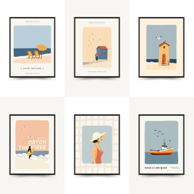Deniz temalı minimalist vektör posteri. Yaz dekorasyonu, baskısı ve tasarım projesi için mükemmel.