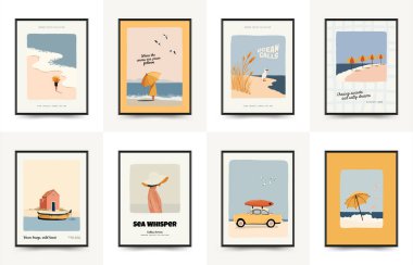 Deniz temalı minimalist vektör posteri. Yaz dekorasyonu, baskısı ve tasarım projesi için mükemmel.