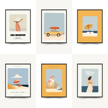 Deniz temalı minimalist vektör posteri. Yaz dekorasyonu, baskısı ve tasarım projesi için mükemmel.