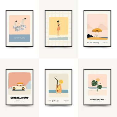 Deniz temalı minimalist vektör posteri. Yaz dekorasyonu, baskısı ve tasarım projesi için mükemmel.