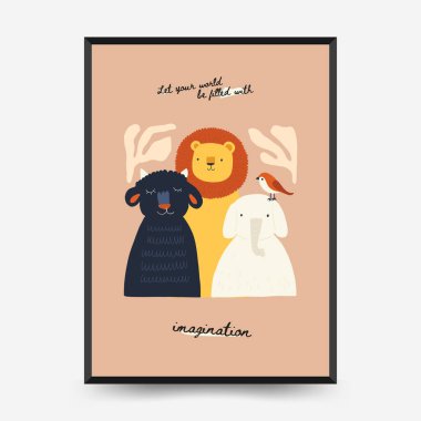 Soyut Çocuk Odası posterleri şablonu. Modern modaya uygun çocuklar. Duvar kağıdı, duvar dekoru, baskı, kartpostal, kapak, şablon, pankart için el çizimi tasarımı. 