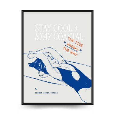 Yaz temalı düzenlenebilir vektör posteri: plaj, deniz, güneş, dalgalar, şemsiyeler. Asgari stil, kişiselleştirmesi kolay, baskı, dekor ve sosyal medya için ideal.