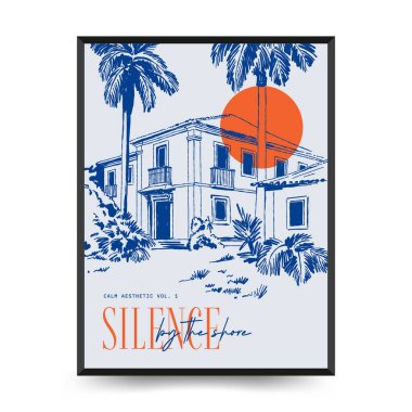 Yaz temalı düzenlenebilir vektör posteri: plaj, deniz, güneş, dalgalar, şemsiyeler. Asgari stil, kişiselleştirmesi kolay, baskı, dekor ve sosyal medya için ideal.