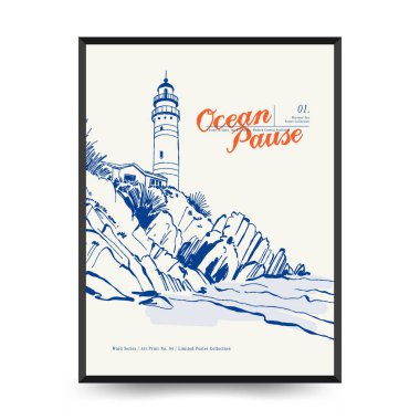 Yaz temalı düzenlenebilir vektör posteri: plaj, deniz, güneş, dalgalar, şemsiyeler. Asgari stil, kişiselleştirmesi kolay, baskı, dekor ve sosyal medya için ideal.