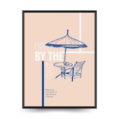 Yaz temalı düzenlenebilir vektör posteri: plaj, deniz, güneş, dalgalar, şemsiyeler. Asgari stil, kişiselleştirmesi kolay, baskı, dekor ve sosyal medya için ideal.