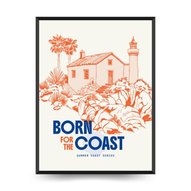 Yaz temalı düzenlenebilir vektör posteri: plaj, deniz, güneş, dalgalar, şemsiyeler. Asgari stil, kişiselleştirmesi kolay, baskı, dekor ve sosyal medya için ideal.