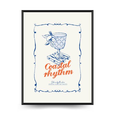 Yaz temalı düzenlenebilir vektör posteri: plaj, deniz, güneş, dalgalar, şemsiyeler. Asgari stil, kişiselleştirmesi kolay, baskı, dekor ve sosyal medya için ideal.