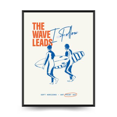 Yaz temalı düzenlenebilir vektör posteri: plaj, deniz, güneş, dalgalar, şemsiyeler. Asgari stil, kişiselleştirmesi kolay, baskı, dekor ve sosyal medya için ideal.