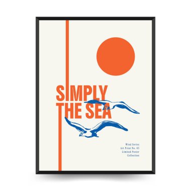 Yaz temalı düzenlenebilir vektör posteri: plaj, deniz, güneş, dalgalar, şemsiyeler. Asgari stil, kişiselleştirmesi kolay, baskı, dekor ve sosyal medya için ideal.