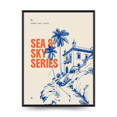 Yaz temalı düzenlenebilir vektör posteri: plaj, deniz, güneş, dalgalar, şemsiyeler. Asgari stil, kişiselleştirmesi kolay, baskı, dekor ve sosyal medya için ideal.