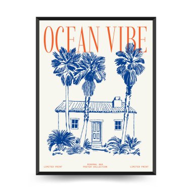 Yaz temalı düzenlenebilir vektör posteri: plaj, deniz, güneş, dalgalar, şemsiyeler. Asgari stil, kişiselleştirmesi kolay, baskı, dekor ve sosyal medya için ideal.