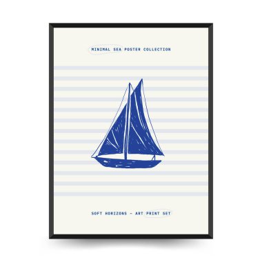 Yaz temalı düzenlenebilir vektör posteri: plaj, deniz, güneş, dalgalar, şemsiyeler. Asgari stil, kişiselleştirmesi kolay, baskı, dekor ve sosyal medya için ideal.