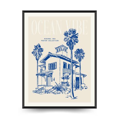 Yaz temalı düzenlenebilir vektör posteri: plaj, deniz, güneş, dalgalar, şemsiyeler. Asgari stil, kişiselleştirmesi kolay, baskı, dekor ve sosyal medya için ideal.