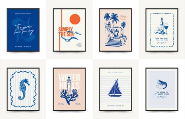 Abstract ocean and sea posters template. Modern sea Botanical trendy black style. Vintage seaweed, fish, shell. Ink wall art.	