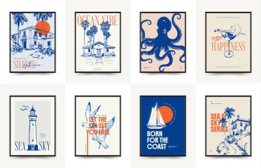 Abstract ocean and sea posters template. Modern sea Botanical trendy black style. Vintage seaweed, fish, shell. Ink wall art.	