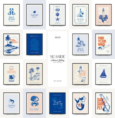 Abstract ocean and sea posters template. Modern sea Botanical trendy black style. Vintage seaweed, fish, shell. Ink wall art.	